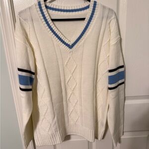 White V-Neck Sweater with Blue and Black Stripes